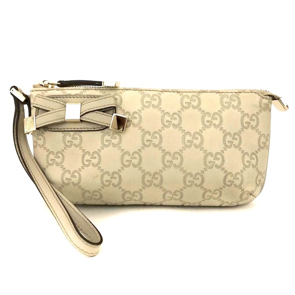 GUCCI Ssima Princy GG Logo Leather Cosmetic Pouch Bag Ivory - Picture 1 of 7